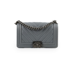 Chanel Old Medium Chevron Boy Bag Grey Caviar
