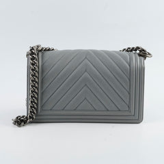 Chanel Old Medium Chevron Boy Bag Grey Caviar