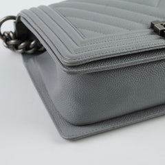 Chanel Old Medium Chevron Boy Bag Grey Caviar