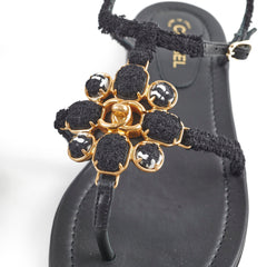 Chanel Tweed Interlocking CC Flat Sandal 37.5 Black