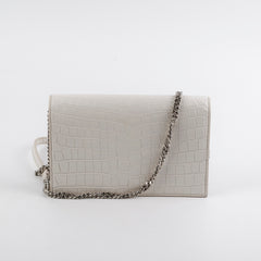 Saint Laurent Small Kate Tassel White Croc Wallet on Chain