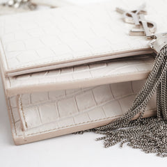 Saint Laurent Small Kate Tassel White Croc Wallet on Chain