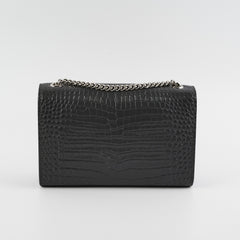 Saint Laurent Small Kate Crocodile Embossed Dark Grey