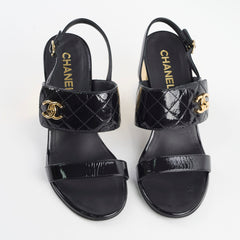 Chanel Patent Quilted Turnlock Sandals Black/Gold Size 40.5C