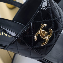 Chanel Patent Quilted Turnlock Sandals Black/Gold Size 40.5C