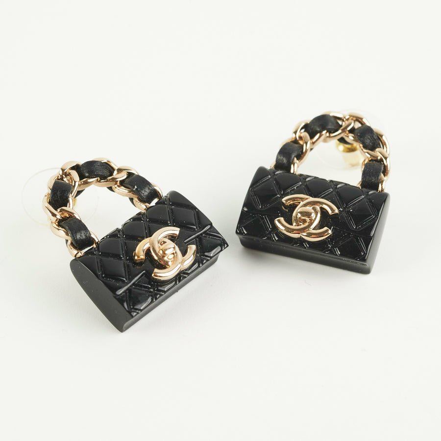 Chanel 23C Gold Black Turnlock Chain Handbag Earrings
