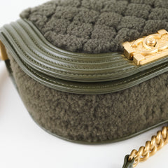Chanel Small Boy Messenger Quilted Shearling Bag Khaki Microchip