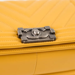 Chanel Old Medium Chevron Boy Bag Mustard Yellow Lambskin