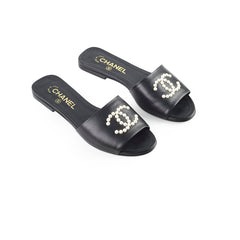 Chanel Pearl CC Black Leather Slides Shoes size 37