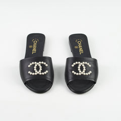 Chanel Pearl CC Black Leather Slides Shoes size 37