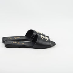 Chanel Pearl CC Black Leather Slides Shoes size 37