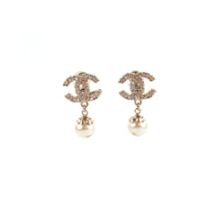 Chanel Coco Logo Clip On Pink Rhinestone Pearl Drop Earrings Costume Jewellery