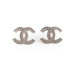 Chanel Silver Rhinestone CC Logo Earrings Costume Jewellery