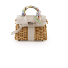 Hermes Mini Picnic Kelly 20 Swift leather / Woven wicker White/Beige - U stamp with Twilly