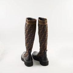 Fendi Zucca Leather Riding Boots Black/Brown Size 39