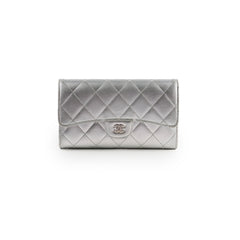 Chanel classic quilted long wallet silver