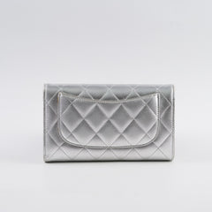 Chanel classic quilted long wallet silver