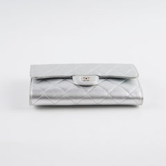 Chanel classic quilted long wallet silver