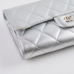 Chanel classic quilted long wallet silver