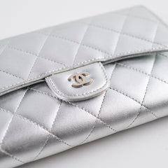 Chanel classic quilted long wallet silver