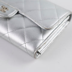Chanel classic quilted long wallet silver