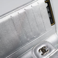 Chanel classic quilted long wallet silver