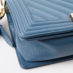Chanel Old Medium Boy Bag Chevron Caviar Blue 2018