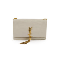 Saint Laurent Kate Tassel Croc Embossed Ivory