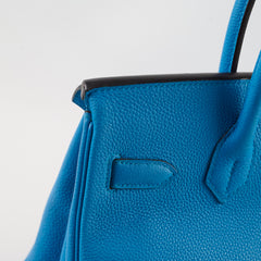 Hermes Birkin 30 Blue Zanzibar/ Malachite Verso Togo Leather PHW A Stamp