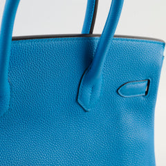 Hermes Birkin 30 Blue Zanzibar/ Malachite Verso Togo Leather PHW A Stamp