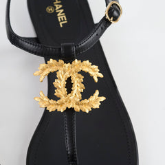 Chanel CC Leaf Thong Sandals Black Size 39