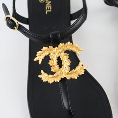 Chanel CC Leaf Thong Sandals Black Size 39