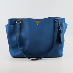 Prada Vitello Daino Side Pocket Tote Blue