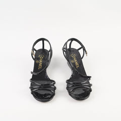 Chanel Wedge Sandals Black Patent Shoes Size 37.5