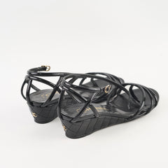Chanel Wedge Sandals Black Patent Shoes Size 37.5