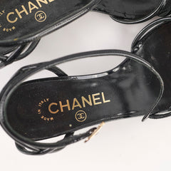Chanel Wedge Sandals Black Patent Shoes Size 37.5