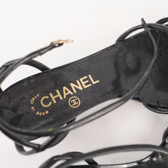 Chanel Wedge Sandals Black Patent Shoes Size 37.5