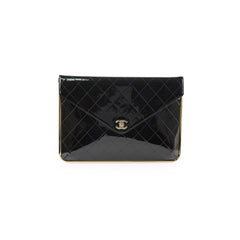 Chanel Large Black Patent Metal Frame Clutch (microchip)