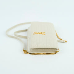 Saint Laurent Cassandra Phone Holder Croc Embossed Cream