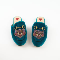 Gucci Teal Velvet Embroidered Princetown Loafers 35.5