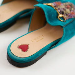 Gucci Teal Velvet Embroidered Princetown Loafers 35.5