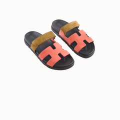 Hermès Chypre Flat Sandals Suede Rouge Tomette/Terre Ambree Z Stamp - Size 38.5