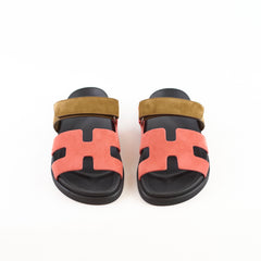 Hermès Chypre Flat Sandals Suede Rouge Tomette/Terre Ambree Z Stamp - Size 38.5