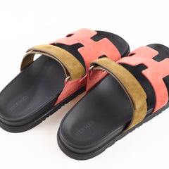 Hermès Chypre Flat Sandals Suede Rouge Tomette/Terre Ambree Z Stamp - Size 38.5