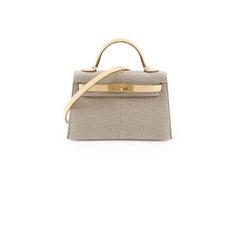 Hermes Mini Kelly Alligator Mississippiensis Gris Perle/Vanilla - U stamp