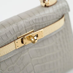 Hermes Mini Kelly Alligator Mississippiensis Gris Perle/Vanilla - U stamp