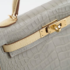 Hermes Mini Kelly Alligator Mississippiensis Gris Perle/Vanilla - U stamp
