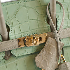 Hermes Birkin 25 Alligator Mississippiensis Verte D'eau/Gris Perle - U Stamp