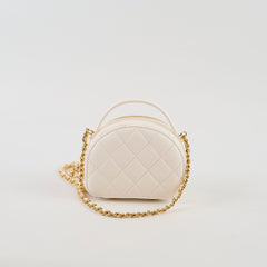 Chanel Handle with Care Quilted Round Vanity Case Lambskin White
