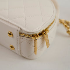 Chanel Handle with Care Quilted Round Vanity Case Lambskin White